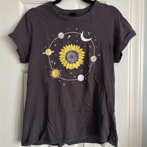 Vibe Black Graphic Tee with Yellow Sunflower and Celestial Print